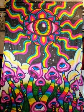 Psychedelic Rainbow Eye Hippie Mushrooms Wall Tapestry - Black & Multicolor